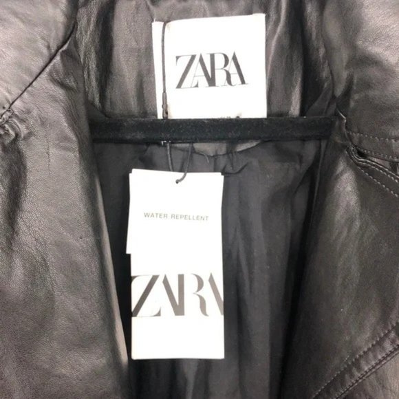 SOLD! NEW Zara Black Double Breasted Vegan Leather Belted Trench Coat Size Large - Picture 3 of 12